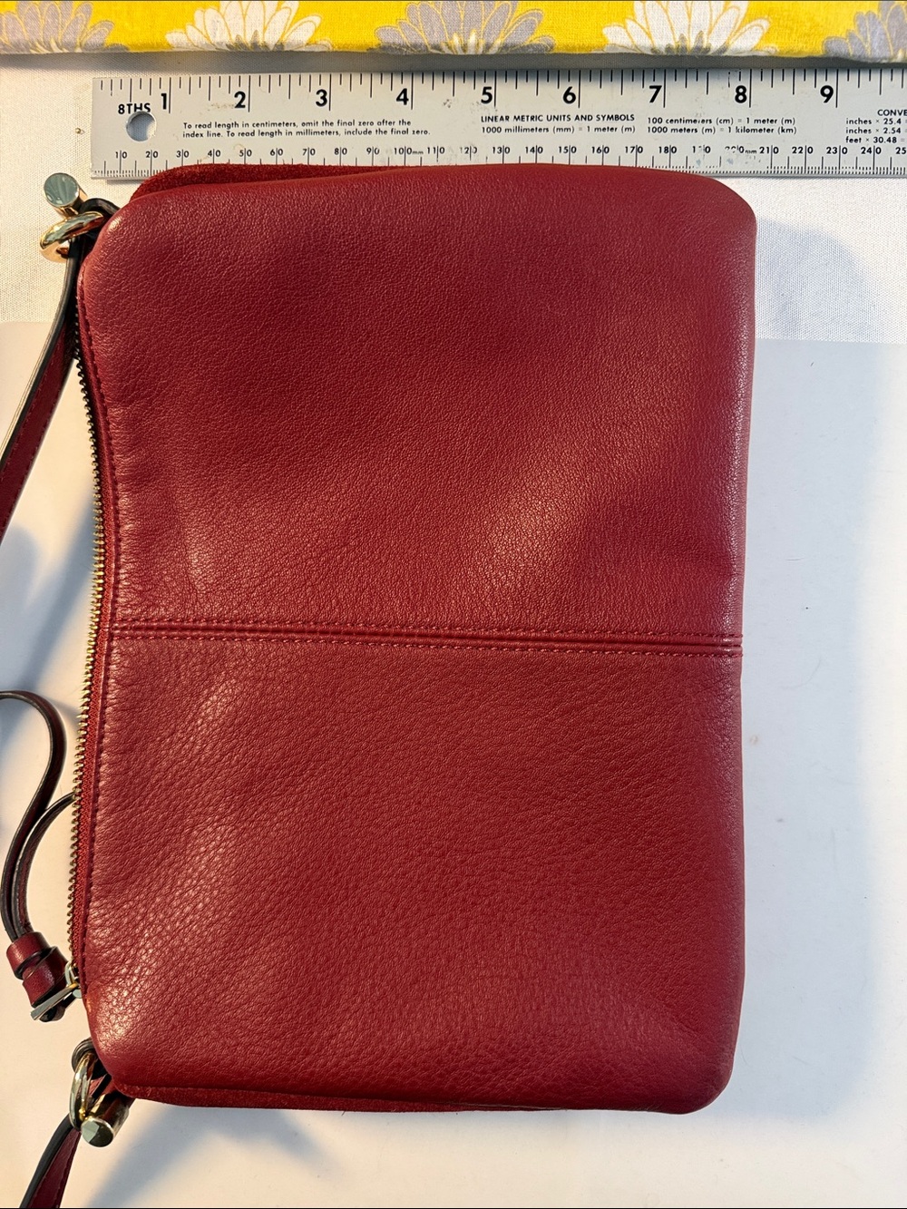 Vince Camuto Burgundy Leather Crossbody with Gold Logo 7” x 10” strap 22” appx - Picture 12 of 13